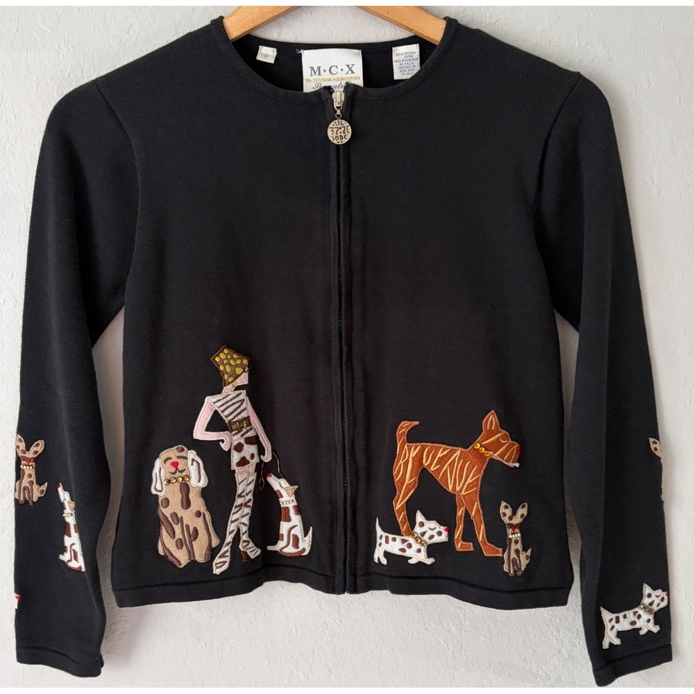 Vintage Womens Dog Walker Embroidered Zip Cardigan Small Novelty Knit Black 90s